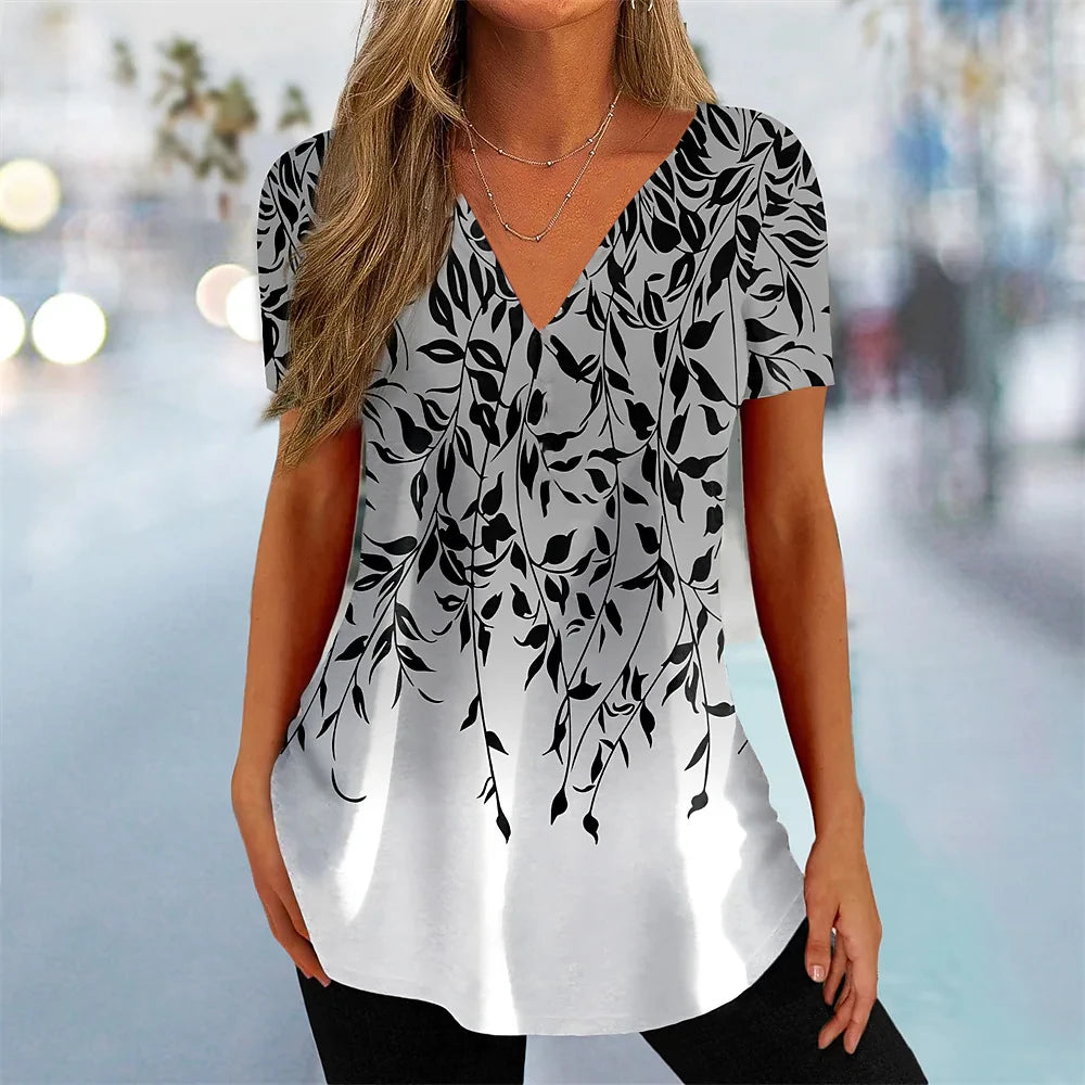 Women's T Shirt Stripe Gradient Relaxed Ladies Clothes Blouse V-Neck Fashion Short Sleeve Tees Female Oversized Sweatshirt Loose