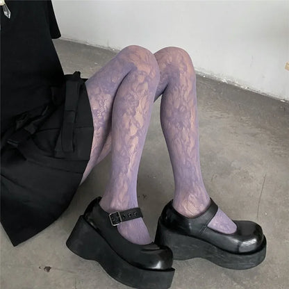 Collant sexy da donna con motivo floreale traforato in stile Y2k, a rete, in rosso vino, per ragazze hot, JK, leggings elasticizzati alti a vita bassa