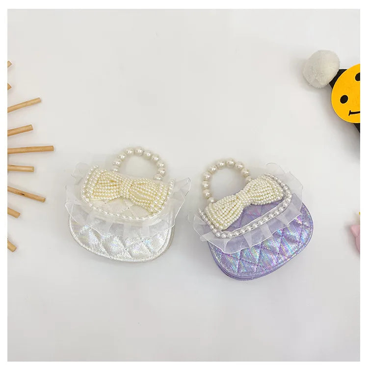Sweet Cute Bow Children's Shoulder Bag Pearl Handle Baby Girls Small Crossbody Bags Lovely Princess Accessories Purse Handbags