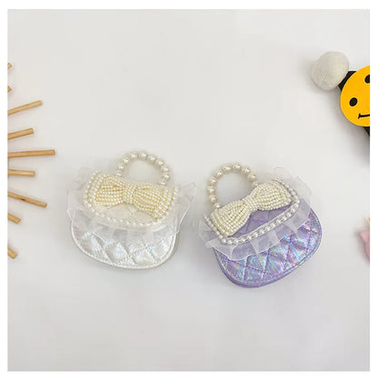 Sweet Cute Bow Children's Shoulder Bag Pearl Handle Baby Girls Small Crossbody Bags Lovely Princess Accessories Purse Handbags