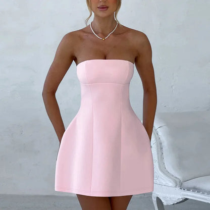 Sleeveless Sexy Tube Top Mini Dresses Solid Patchwork High Waist Summer Fashion Female Bodycon Plunge Vacation Strapless Dress