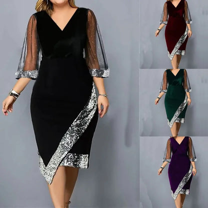 Spring Summer Women's Clothing New Fashion Gold Velvet Irregular Sequin See Through Mesh Women's Five Quarter Sleeve Dress
