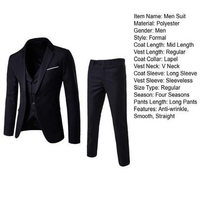 Men Three-piece Suit Men's Formal Business Style Slim Fit Wedding Suit Set with Silky Smooth Anti-wrinkle Fabric Turn-down