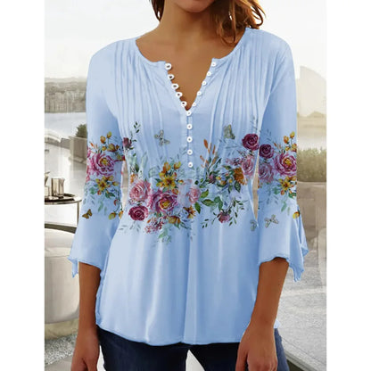 New Fashion Women's T-Shirt Tee White Floral Button Short Sleeve Summer 3D Printed Basic V-Neck Loose Casua Size Top Clothing