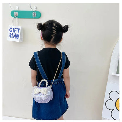 Sweet Cute Bow Children's Shoulder Bag Pearl Handle Baby Girls Small Crossbody Bags Lovely Princess Accessories Purse Handbags