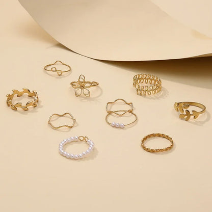 Bohemian Wave Flower Rings Set For Women Vintage Geometric Pearl Butterfly Metal Chain Knuckle Rings 2022 Trendy Jewelry Gift