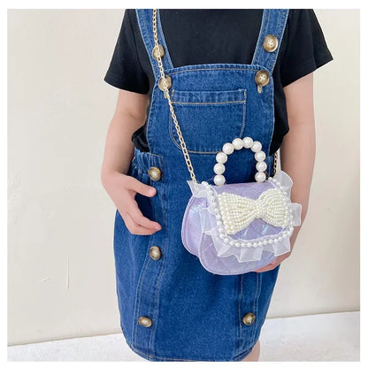 Sweet Cute Bow Children's Shoulder Bag Pearl Handle Baby Girls Small Crossbody Bags Lovely Princess Accessories Purse Handbags