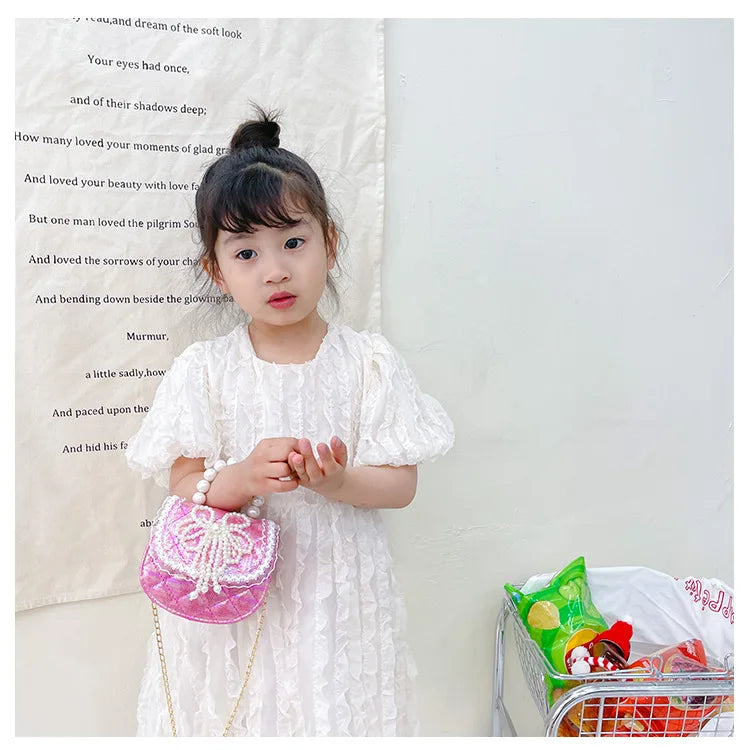 Sweet Cute Bow Children's Shoulder Bag Pearl Handle Baby Girls Small Crossbody Bags Lovely Princess Accessories Purse Handbags