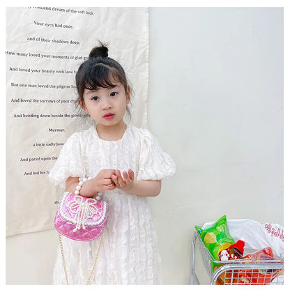 Sweet Cute Bow Children's Shoulder Bag Pearl Handle Baby Girls Small Crossbody Bags Lovely Princess Accessories Purse Handbags