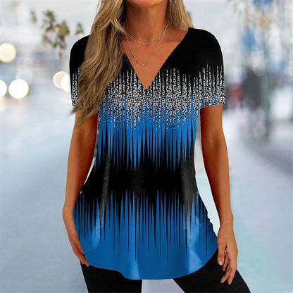 Women's T Shirt Stripe Gradient Relaxed Ladies Clothes Blouse V-Neck Fashion Short Sleeve Tees Female Oversized Sweatshirt Loose