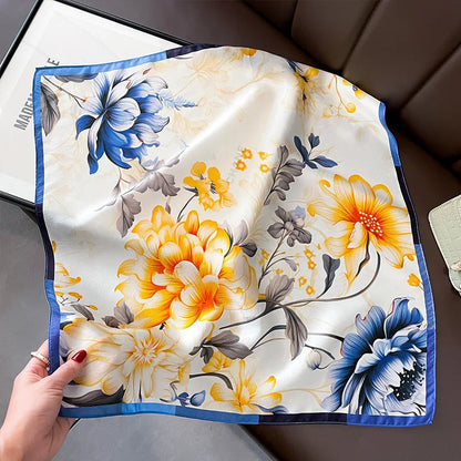 Hot Sale 2025 Brand 100% Silk Scarf Women Neck Hair Foulard Square Headband Hijab Print Poncho Scarves Bandana Fashion 53cm