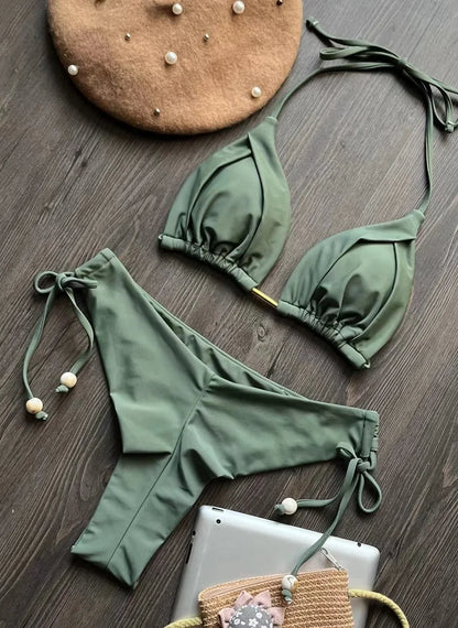 2024 sexy women bikini, brazilian triangle bikini, push-up swimsuit, metal chain beach bikini