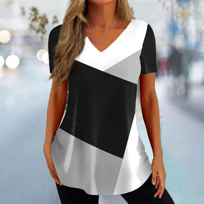 Vintage Simple Women's T-Shirt 3D Wave Curve Tee Fashion V-Neck Summer Short Sleeve Loose Streetwear Female Clothes Black Tshirt