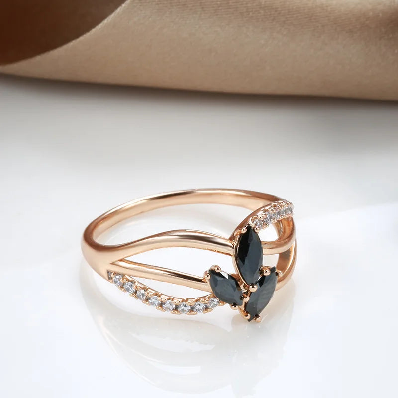 Luxury 18k Rose Gold Natural Black Diamond Ring Geometric Line Cross Wedding Gold Rings for Women Larimar Vintage Fine Jewelry