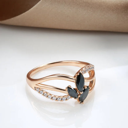 Luxury 18k Rose Gold Natural Black Diamond Ring Geometric Line Cross Wedding Gold Rings for Women Larimar Vintage Fine Jewelry