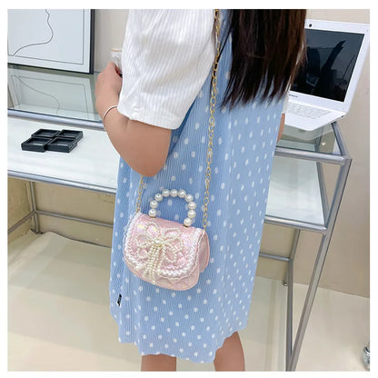 Sweet Cute Bow Children's Shoulder Bag Pearl Handle Baby Girls Small Crossbody Bags Lovely Princess Accessories Purse Handbags