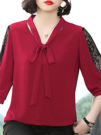 Women Spring Summer Style Blouses Tops Lady Casual Bow Tie Colloar Half Lace Sleeve Loose Blusas Tops DF4275