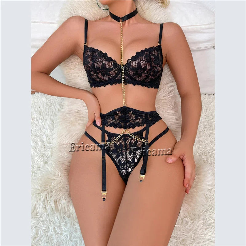 Floral Lace Garter Lingerie Set With Choker Women Intimates 2024 Underwire Bra And Thongs Ladies Underwear Set