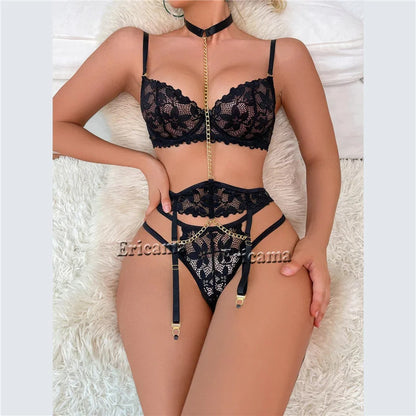 Floral Lace Garter Lingerie Set With Choker Women Intimates 2024 Underwire Bra And Thongs Ladies Underwear Set