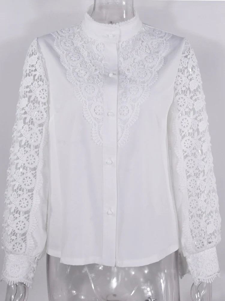 Shirts Elegant Office Ladies White Collared Lace Patchwork Hollow Out Button Up Womens Tops And Blouses 2025 Fashion New Blouse