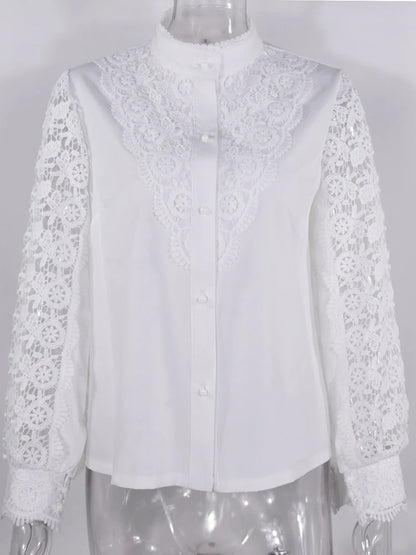 Shirts Elegant Office Ladies White Collared Lace Patchwork Hollow Out Button Up Womens Tops And Blouses 2025 Fashion New Blouse