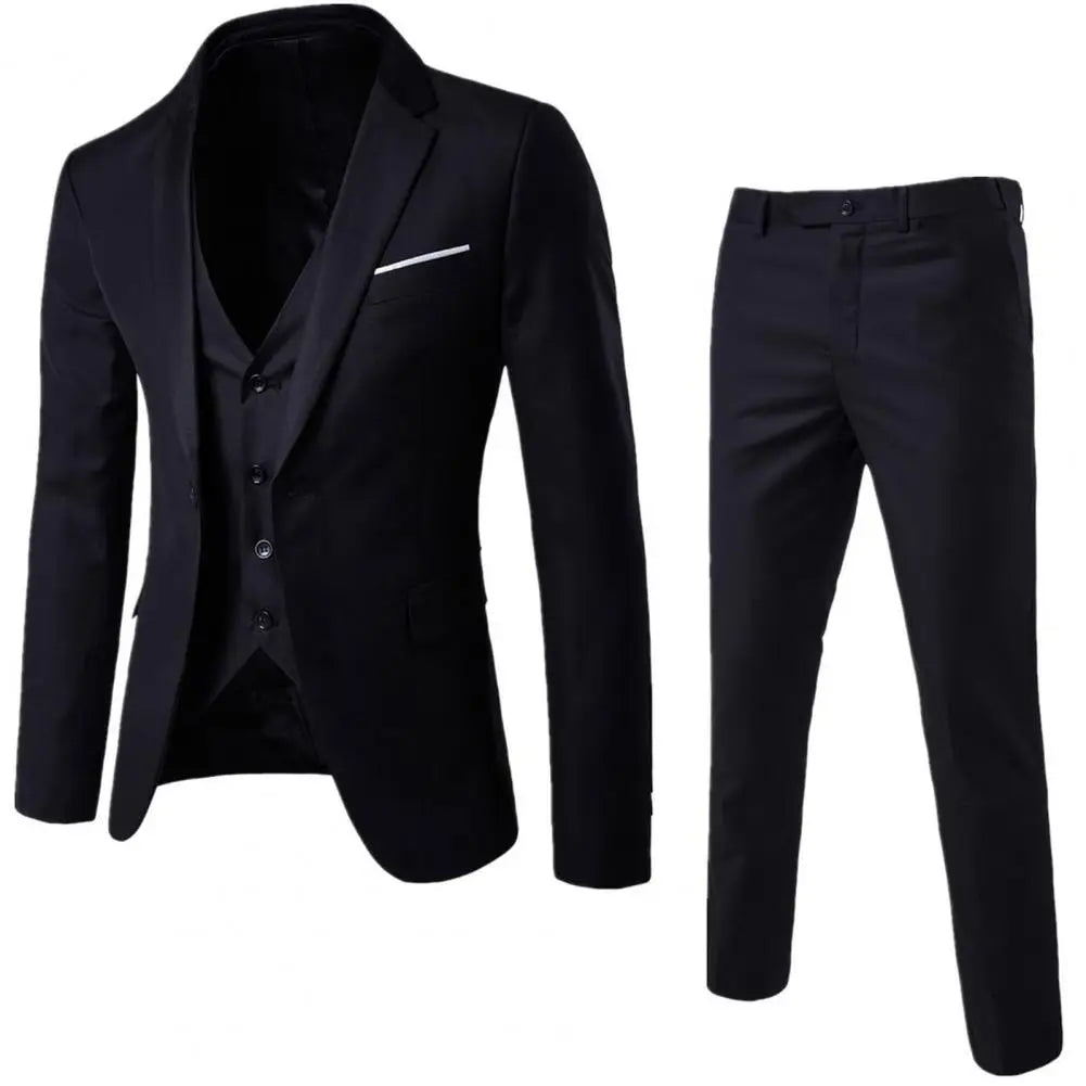 Men Three-piece Suit Men's Formal Business Style Slim Fit Wedding Suit Set with Silky Smooth Anti-wrinkle Fabric Turn-down