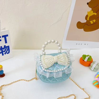 Sweet Cute Bow Children's Shoulder Bag Pearl Handle Baby Girls Small Crossbody Bags Lovely Princess Accessories Purse Handbags