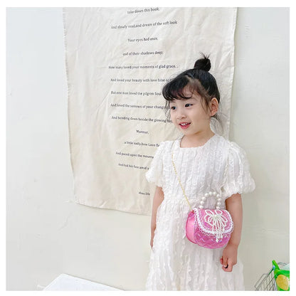 Sweet Cute Bow Children's Shoulder Bag Pearl Handle Baby Girls Small Crossbody Bags Lovely Princess Accessories Purse Handbags