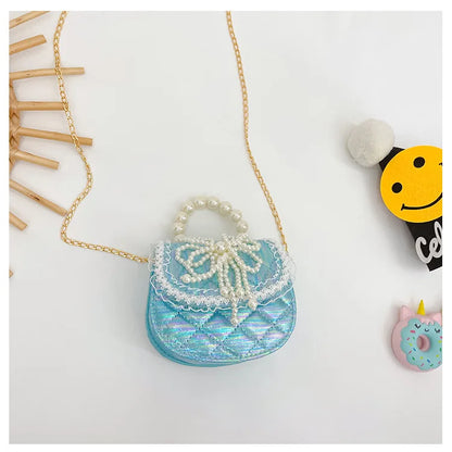 Sweet Cute Bow Children's Shoulder Bag Pearl Handle Baby Girls Small Crossbody Bags Lovely Princess Accessories Purse Handbags