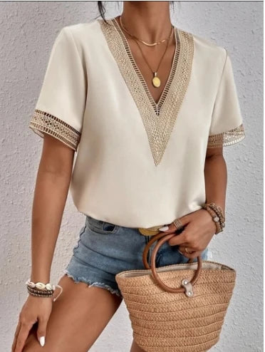 Women's Blouses Spring Summer Latest 2025 V-Neck Lace Casual Solid Color Shirt Short Sleeved T-Shirt Loose Fit Top Pullover