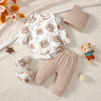 0-9 Months Baby Boy Set Little Bear Long Sleeve Bodysuit+Pants+Hat+Socks 4pcs/Set Baby Spring Autumn clothing Newborn set