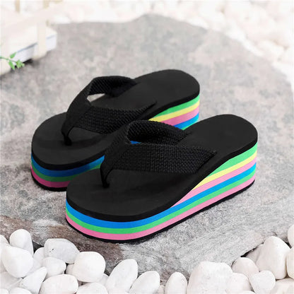 Women's Rainbow Color Platform Flip Flops Summer Thick Sole Lightweight Slip-on Wedges Sandals Girls Beach Slippers