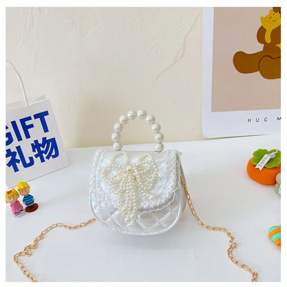 Sweet Cute Bow Children's Shoulder Bag Pearl Handle Baby Girls Small Crossbody Bags Lovely Princess Accessories Purse Handbags