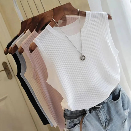 2025 Summer New Fashion Knitted Vests O-neck Sleeveless Casual Thin Tops Sleeveless Blouse Women Shirt