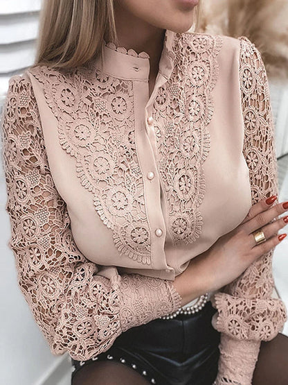Shirts Elegant Office Ladies White Collared Lace Patchwork Hollow Out Button Up Womens Tops And Blouses 2025 Fashion New Blouse