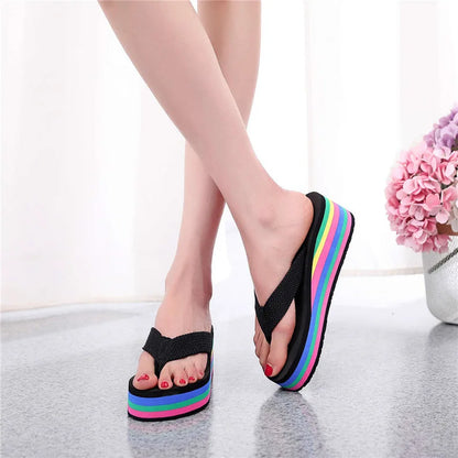 Women's Rainbow Color Platform Flip Flops Summer Thick Sole Lightweight Slip-on Wedges Sandals Girls Beach Slippers