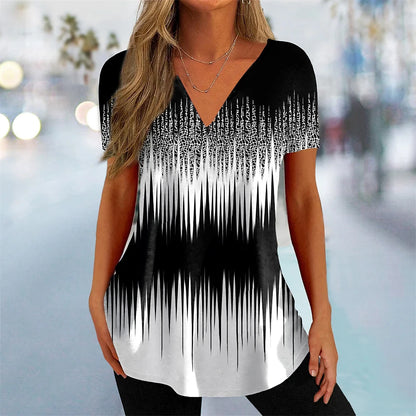 Women's T Shirt Stripe Gradient Relaxed Ladies Clothes Blouse V-Neck Fashion Short Sleeve Tees Female Oversized Sweatshirt Loose