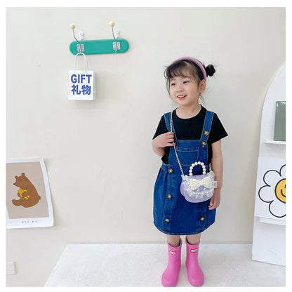 Sweet Cute Bow Children's Shoulder Bag Pearl Handle Baby Girls Small Crossbody Bags Lovely Princess Accessories Purse Handbags