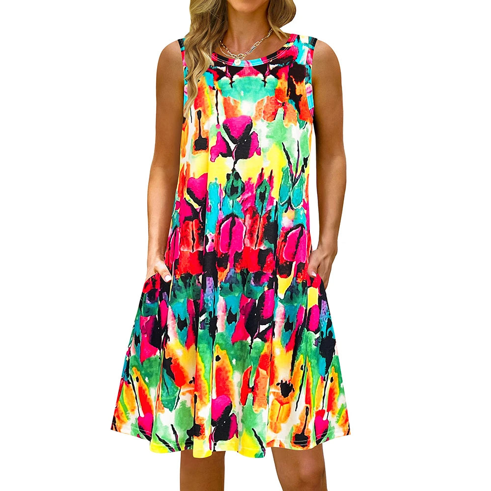 S-5Xl Colorful Printed O Neck Long Dress Casual Bohemian Sleeveless Ladies Summer Beach Sundress Travel Pocket Shirt Party Gowns