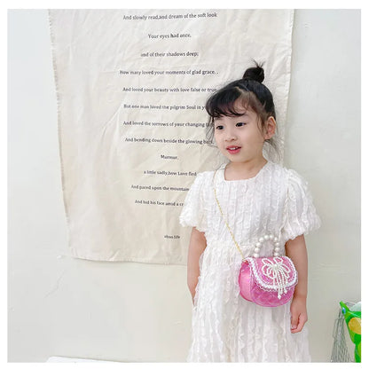 Sweet Cute Bow Children's Shoulder Bag Pearl Handle Baby Girls Small Crossbody Bags Lovely Princess Accessories Purse Handbags