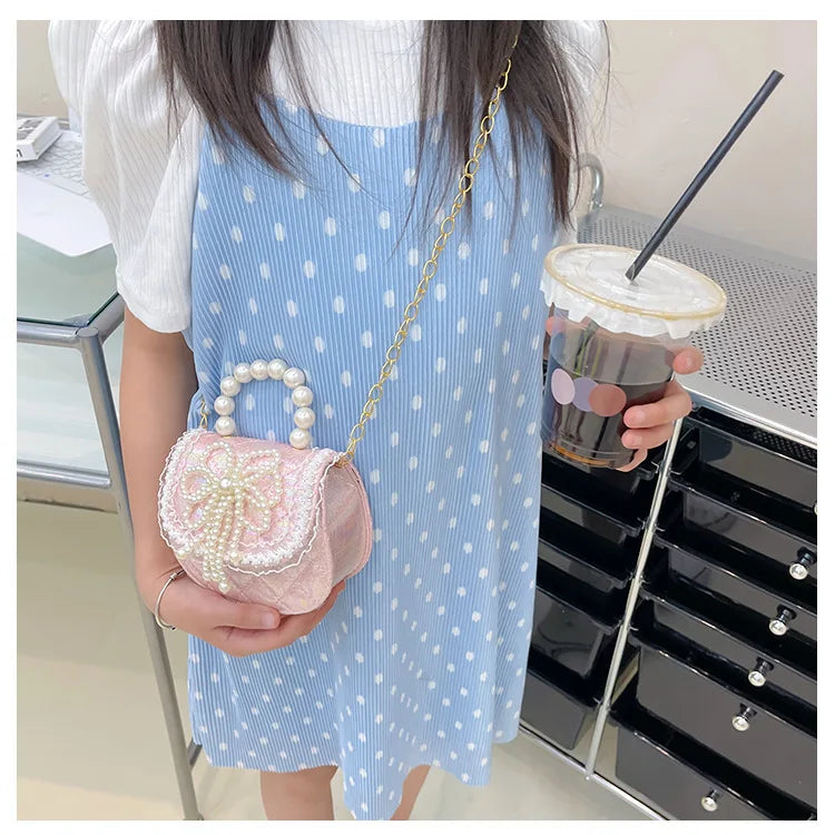 Sweet Cute Bow Children's Shoulder Bag Pearl Handle Baby Girls Small Crossbody Bags Lovely Princess Accessories Purse Handbags