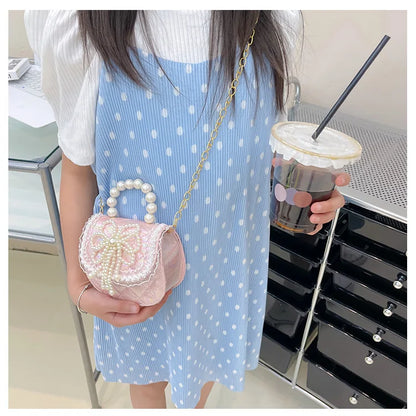 Sweet Cute Bow Children's Shoulder Bag Pearl Handle Baby Girls Small Crossbody Bags Lovely Princess Accessories Purse Handbags