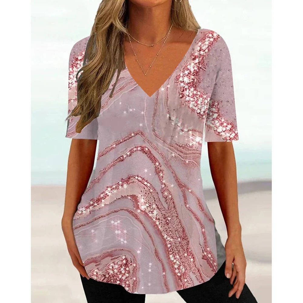Women's T Shirt Stripe Gradient Relaxed Ladies Clothes Blouse V-Neck Fashion Short Sleeve Tees Female Oversized Sweatshirt Loose