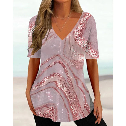 Women's T Shirt Stripe Gradient Relaxed Ladies Clothes Blouse V-Neck Fashion Short Sleeve Tees Female Oversized Sweatshirt Loose