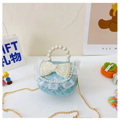 Sweet Cute Bow Children's Shoulder Bag Pearl Handle Baby Girls Small Crossbody Bags Lovely Princess Accessories Purse Handbags