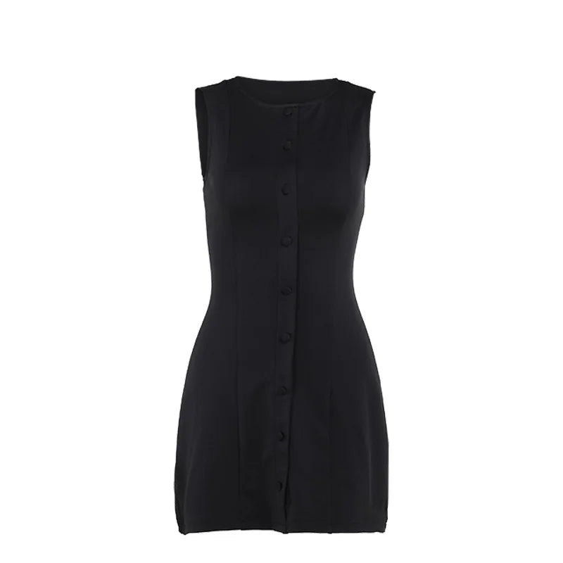 Fashion Sleeveless Sexy Mini Dress For Women New O Neck Single-btrasted Bodycon Club Party Tank Dress Femme Clothes vestidos