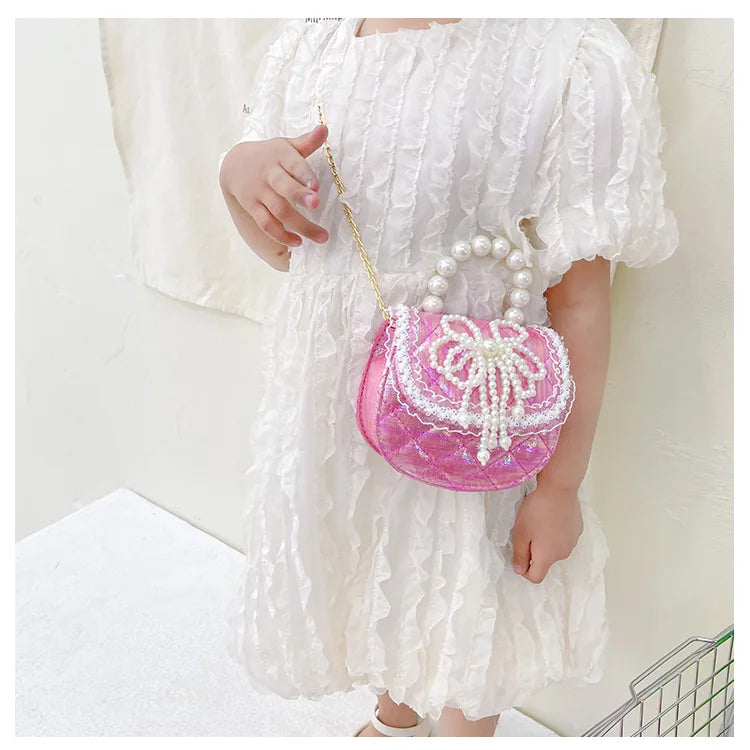 Sweet Cute Bow Children's Shoulder Bag Pearl Handle Baby Girls Small Crossbody Bags Lovely Princess Accessories Purse Handbags