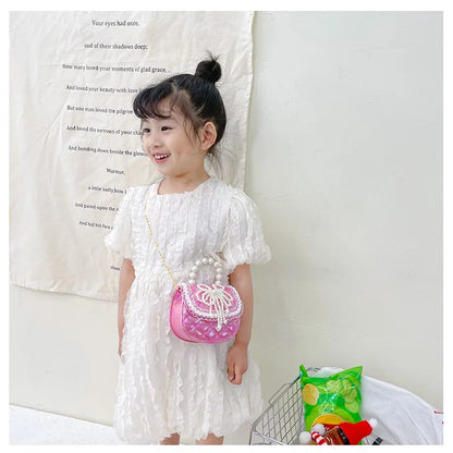 Sweet Cute Bow Children's Shoulder Bag Pearl Handle Baby Girls Small Crossbody Bags Lovely Princess Accessories Purse Handbags