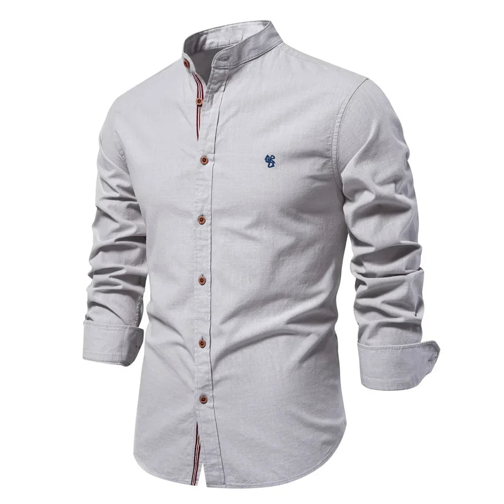 Spring and Summer New Fashion Business Shirt Men's Cotton and Linen Casual Day Fashion Solid Color Long-sleeved Shirt