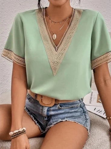 Women's Blouses Spring Summer Latest 2025 V-Neck Lace Casual Solid Color Shirt Short Sleeved T-Shirt Loose Fit Top Pullover